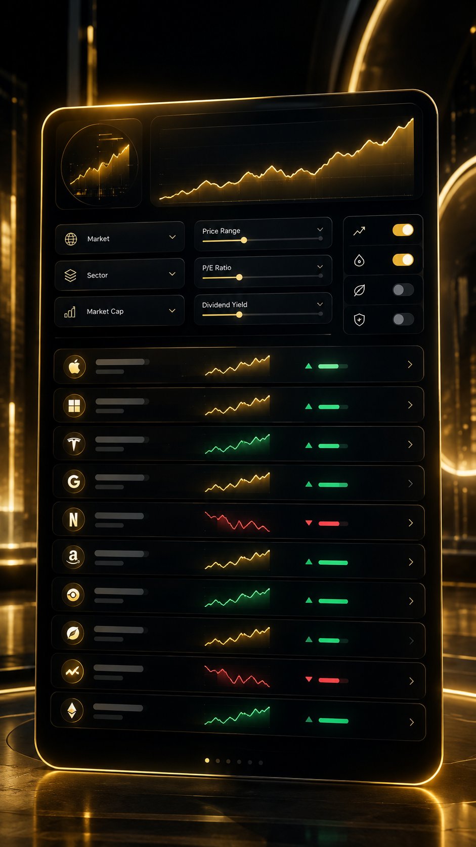 Sleek dashboard with filter panels and a list of stock charts