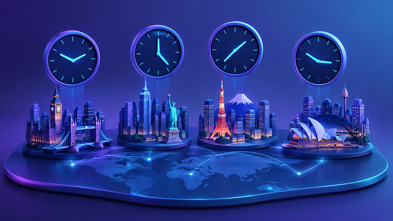 Four clocks showing london new york tokyo and sydney trading session times above a city skyline
